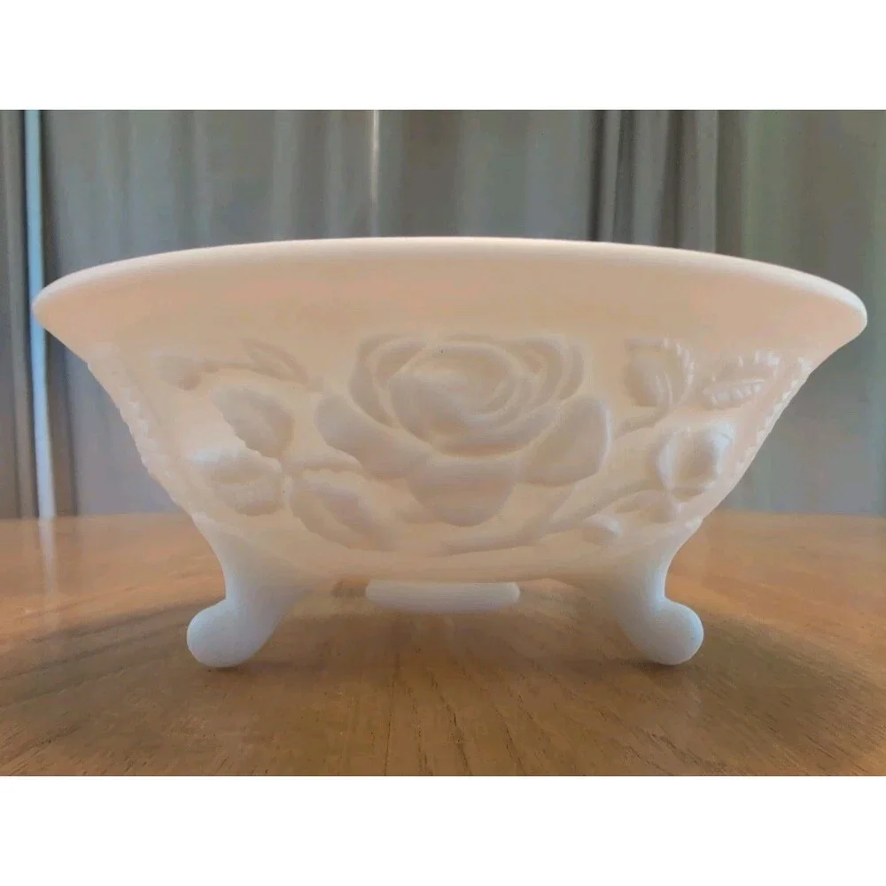 Imperial Frosted White Milk Glass Footed Bowl Rose Pattern Cottage Core